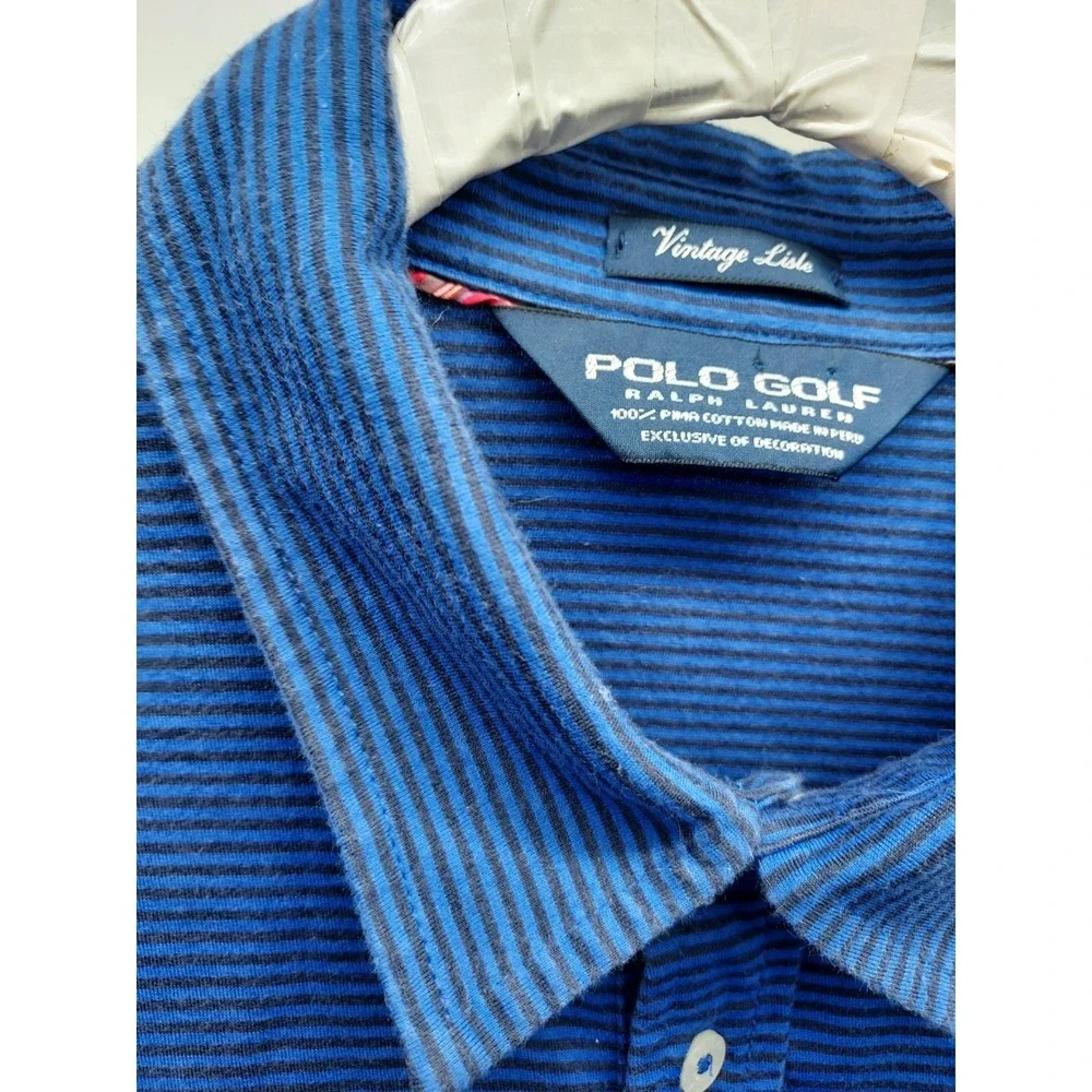 Polo Golf Ralph Lauren Vintage Lisle‎ Blue Black Striped 4 Button Shirt Size XL